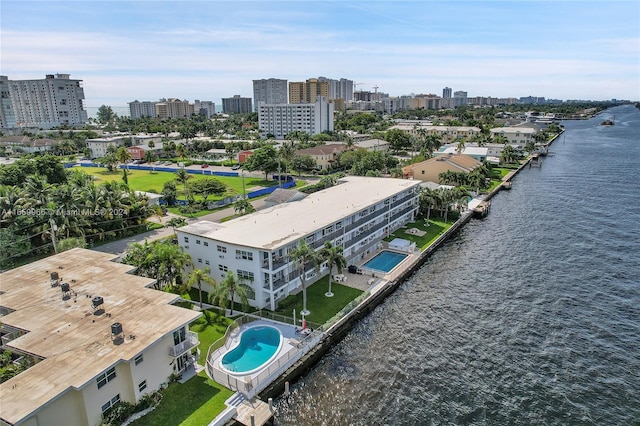 drone / aerial view with a water view