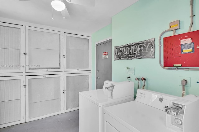 laundry area with separate washer and dryer, ceiling fan, and cabinets