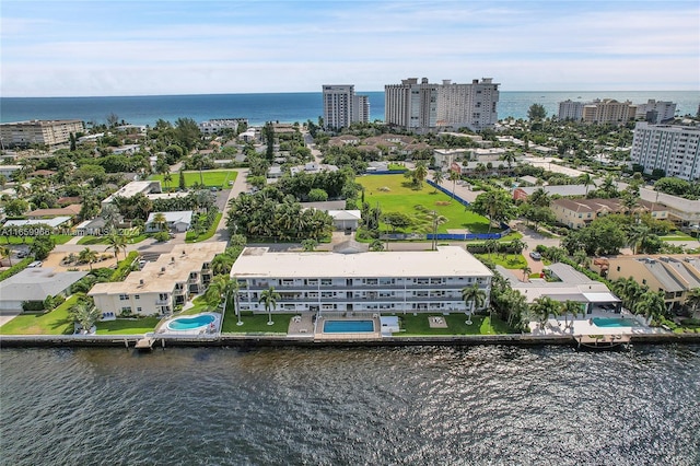 drone / aerial view featuring a water view