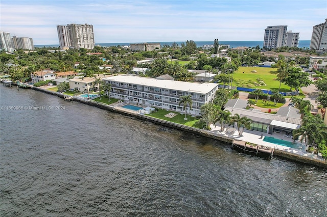 drone / aerial view featuring a water view