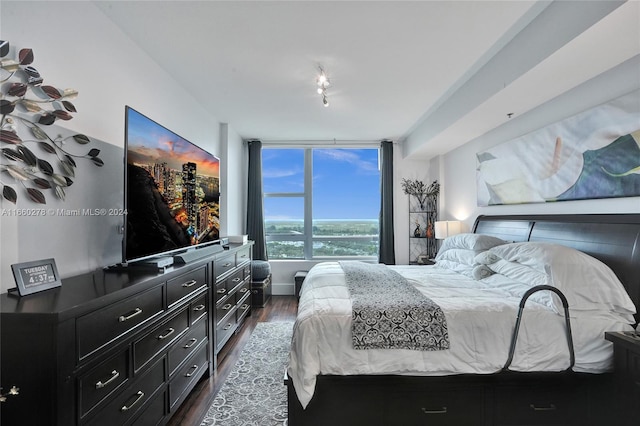 bedroom with dark hardwood / wood-style floors