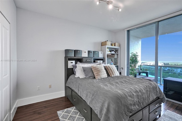 bedroom featuring access to outside and dark hardwood / wood-style floors