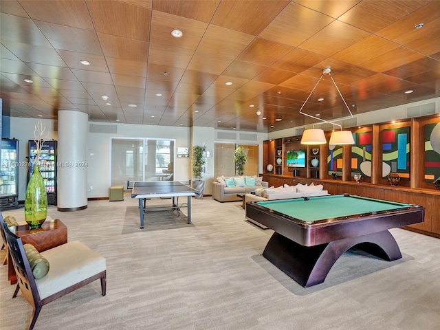 game room featuring light carpet and billiards