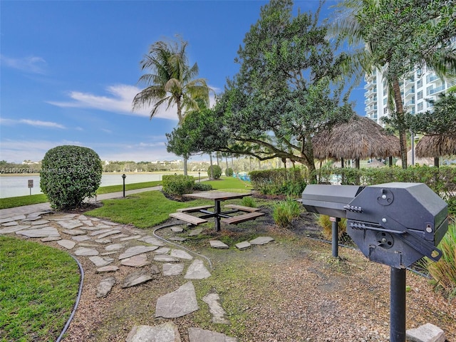 view of home's community with a yard and a water view