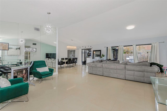 11533 SW 59th Ct, Cooper City, FL 33330 - living area featuring a chandelier, vaulted ceiling, and tile patterned floors
