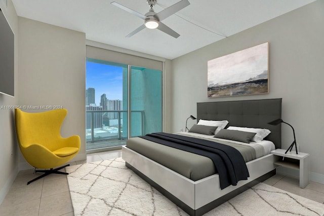 bedroom featuring access to outside, tile patterned flooring, and ceiling fan