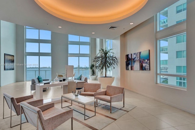 building lobby featuring a water view