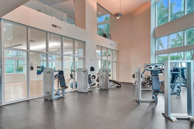 gym with a towering ceiling and plenty of natural light