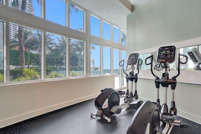 exercise room with a water view and a wealth of natural light