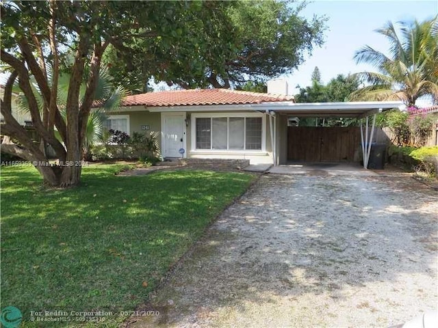 single story home with a carport and a front lawn