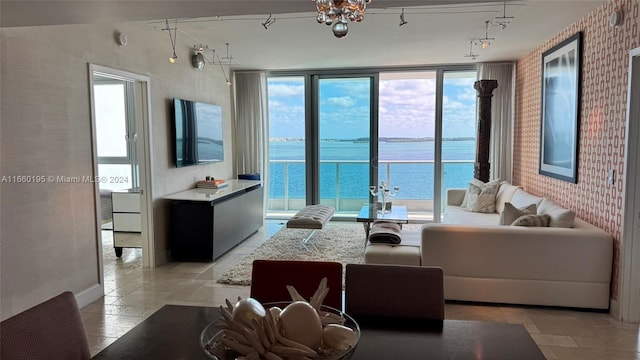 living room featuring a chandelier and rail lighting