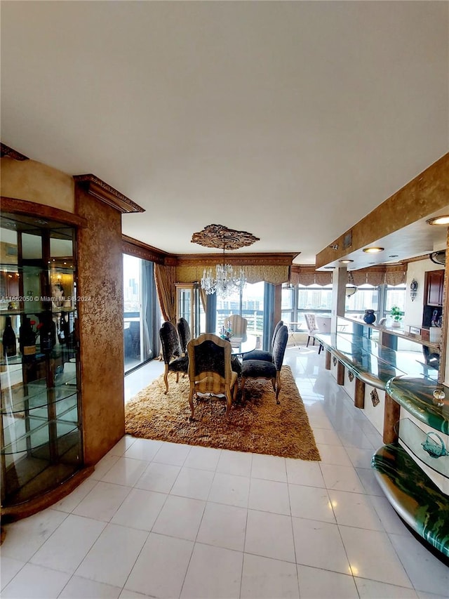 tiled dining area with a notable chandelier and a healthy amount of sunlight