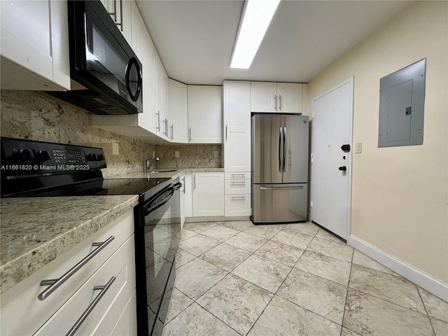 kitchen with white cabinets, sink, electric panel, and black appliances