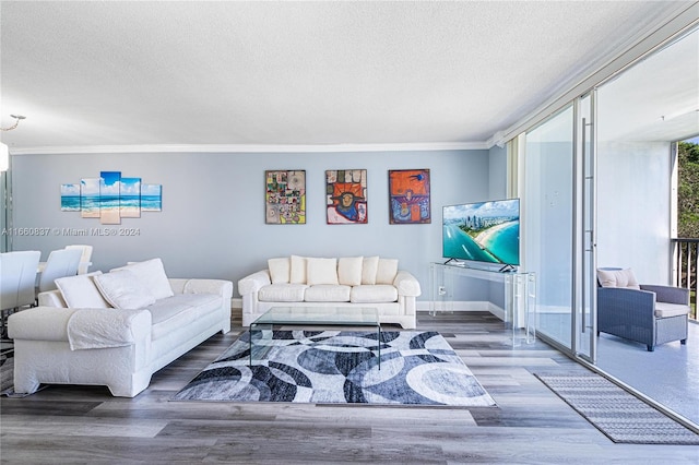 living room featuring hardwood / wood-style flooring, crown molding, and a textured ceiling