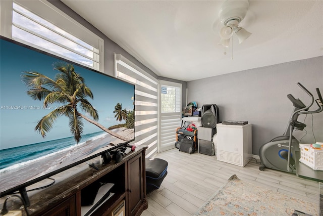 interior space featuring light hardwood / wood-style flooring and ceiling fan