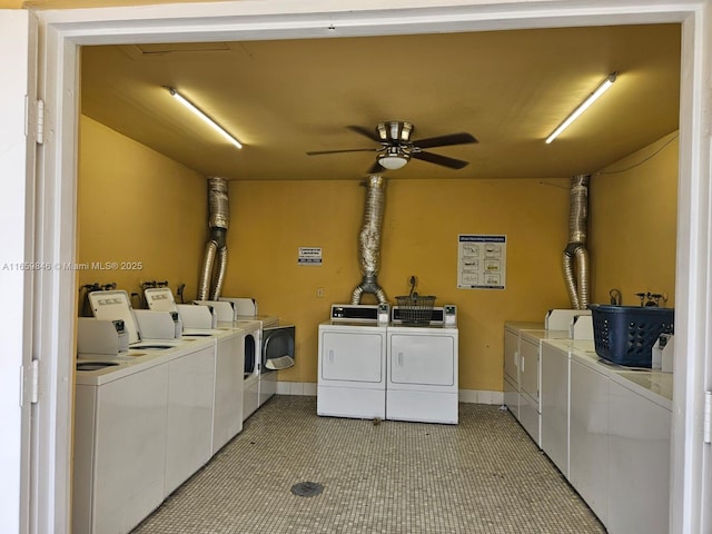 washroom with washer and dryer and ceiling fan