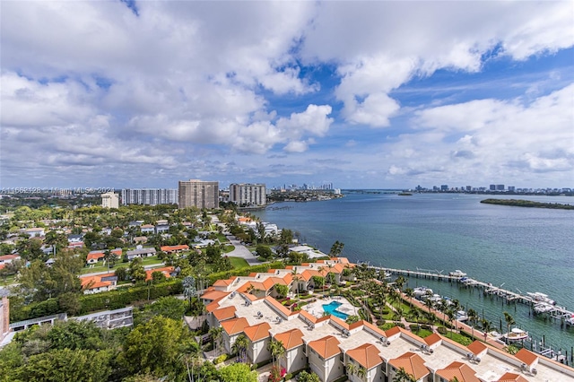 bird's eye view with a water view