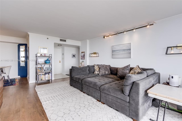 living room featuring hardwood / wood-style flooring, crown molding, and rail lighting