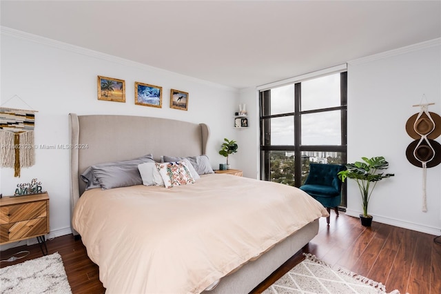 bedroom featuring crown molding and dark wood-type flooring