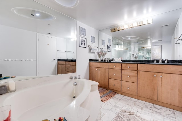 bathroom with vanity and a washtub