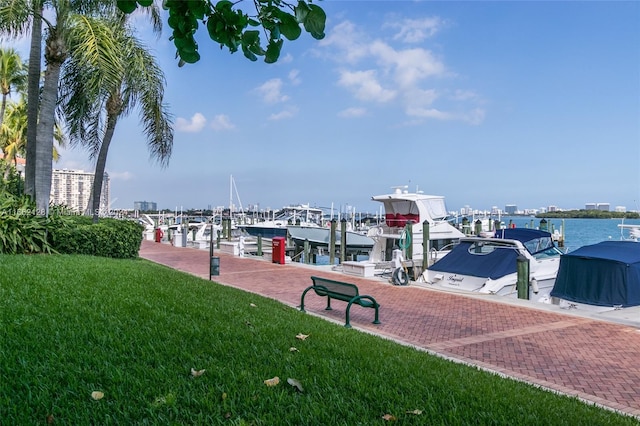 dock area featuring a water view and a yard