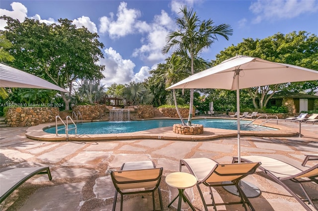 view of pool featuring a patio and pool water feature