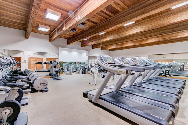 workout area featuring wooden ceiling, a towering ceiling, and a wealth of natural light