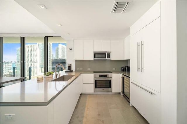 kitchen featuring light hardwood / wood-style floors, sink, floor to ceiling windows, white cabinetry, and appliances with stainless steel finishes