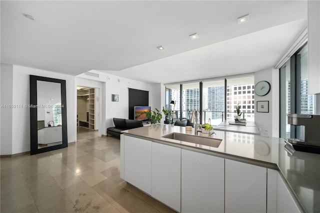 kitchen with sink, expansive windows, and white cabinets