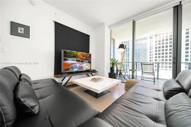 living room featuring floor to ceiling windows and hardwood / wood-style flooring