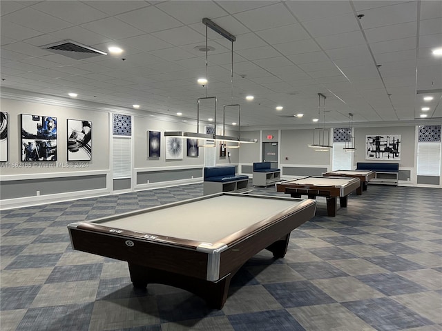 playroom featuring crown molding and billiards