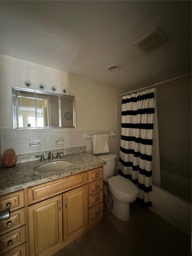 full bathroom with vanity, toilet, shower / bathtub combination with curtain, tile patterned flooring, and decorative backsplash