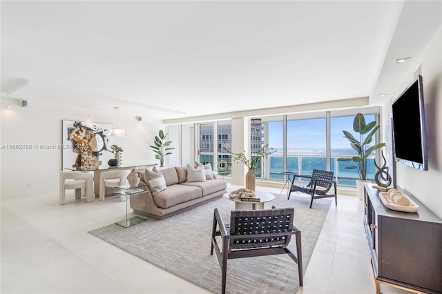 tiled living room with expansive windows