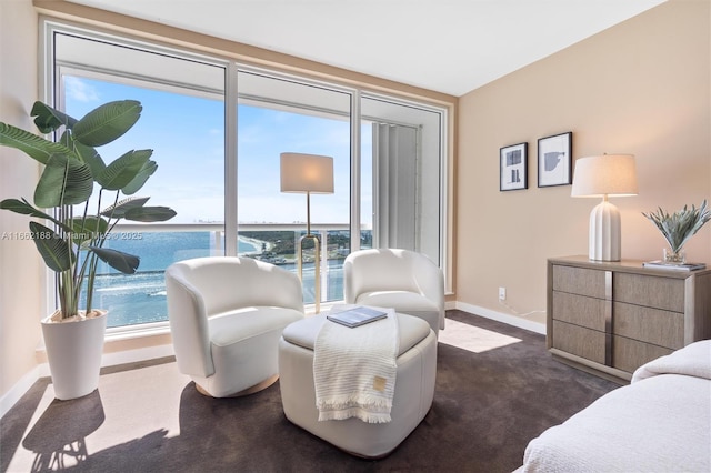 interior space with a water view, a healthy amount of sunlight, and dark carpet