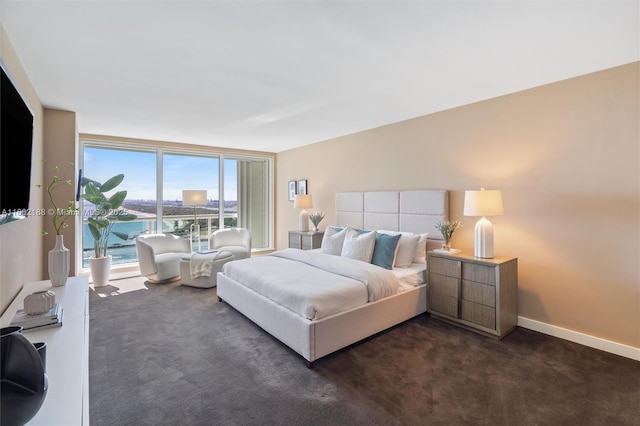 bedroom with a water view, expansive windows, and dark carpet