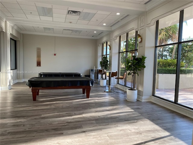 5600 Collins Ave Unit 15B, Miami Beach, FL 33140 - game room featuring billiards table, plenty of natural light, wood finished floors, recessed lighting, and crown molding