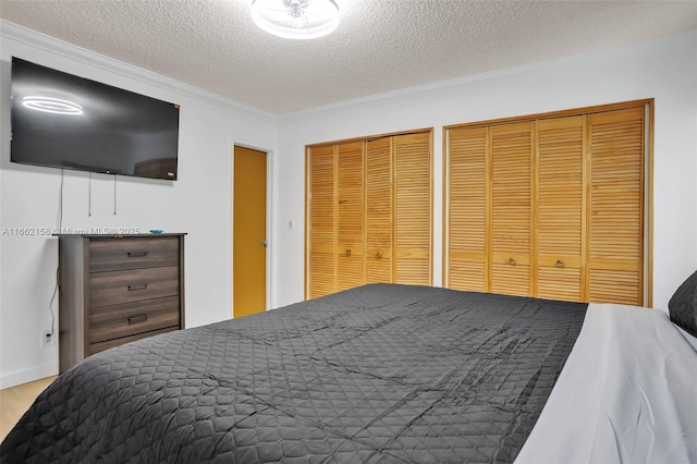 bedroom with two closets, crown molding, and a textured ceiling