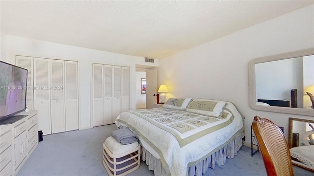 bedroom with a textured ceiling, carpet floors, and multiple closets