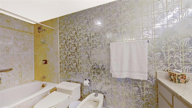 full bathroom with toilet, tile walls, a bidet, tiled shower / bath combo, and vanity