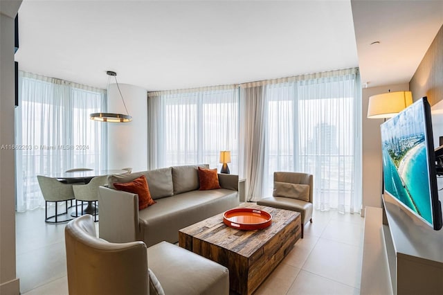 living area featuring light tile patterned floors