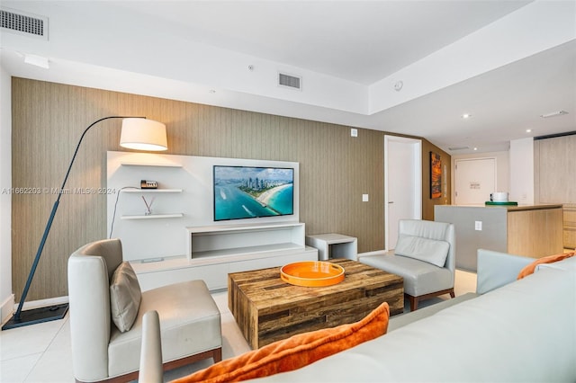 living room featuring recessed lighting, visible vents, and light tile patterned flooring