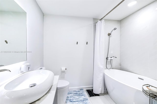 full bathroom with vanity, separate shower and tub, toilet, and tile patterned floors