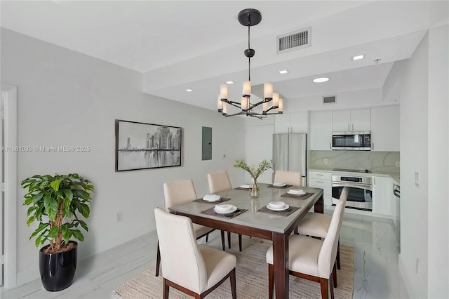 dining area with a notable chandelier, electric panel, visible vents, and marble finish floor