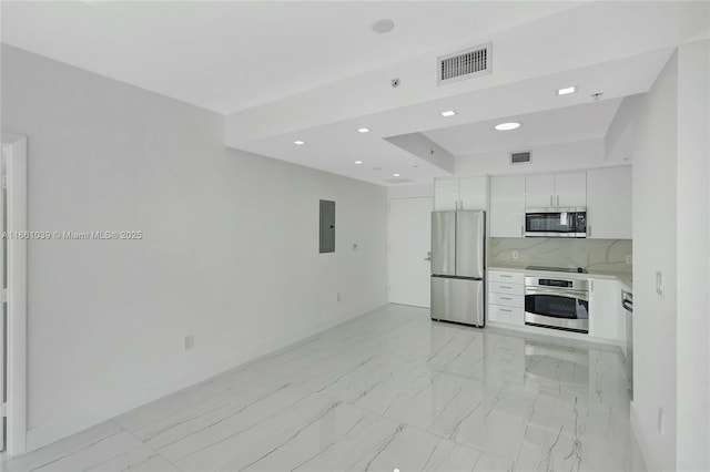 kitchen with electric panel, visible vents, appliances with stainless steel finishes, and white cabinets