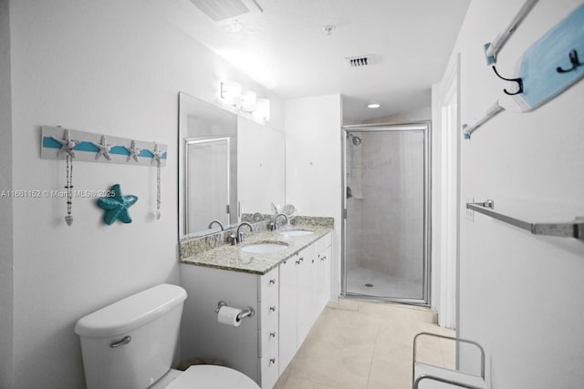 bathroom featuring toilet, tile patterned floors, and an enclosed shower