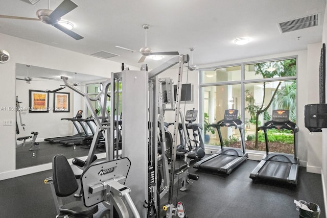 workout area featuring ceiling fan