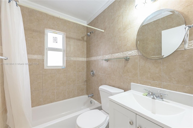 full bathroom featuring vanity, shower / bathtub combination with curtain, tile walls, crown molding, and toilet