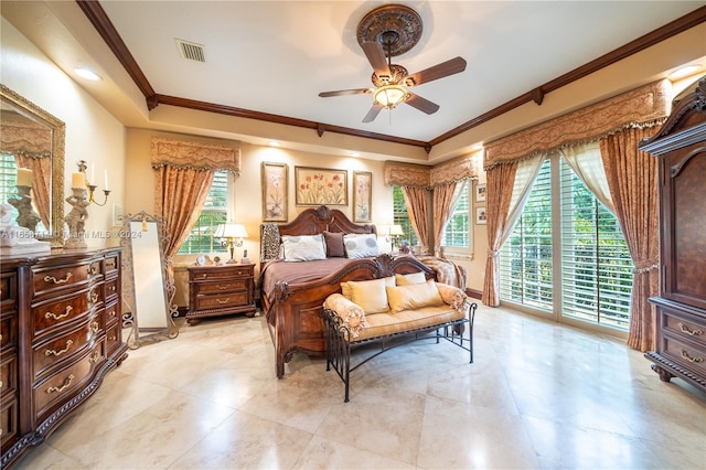 bedroom featuring ornamental molding, access to exterior, multiple windows, and ceiling fan