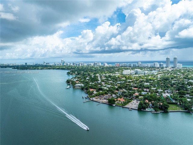 bird's eye view with a water view