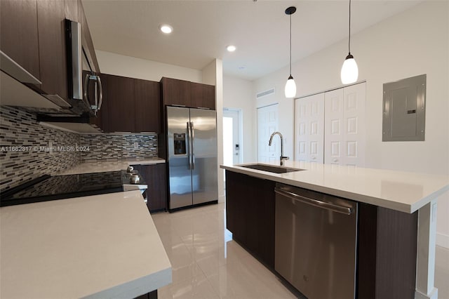 kitchen with dark brown cabinetry, electric panel, sink, a kitchen island with sink, and appliances with stainless steel finishes